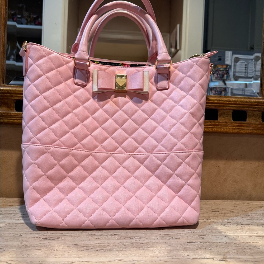 Betsey Johnson Pink Quilted Bow Tote with Gold Accent
